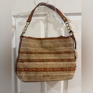 Jessica Simpson Tan Straw and Leather Studded Shoulder Bag